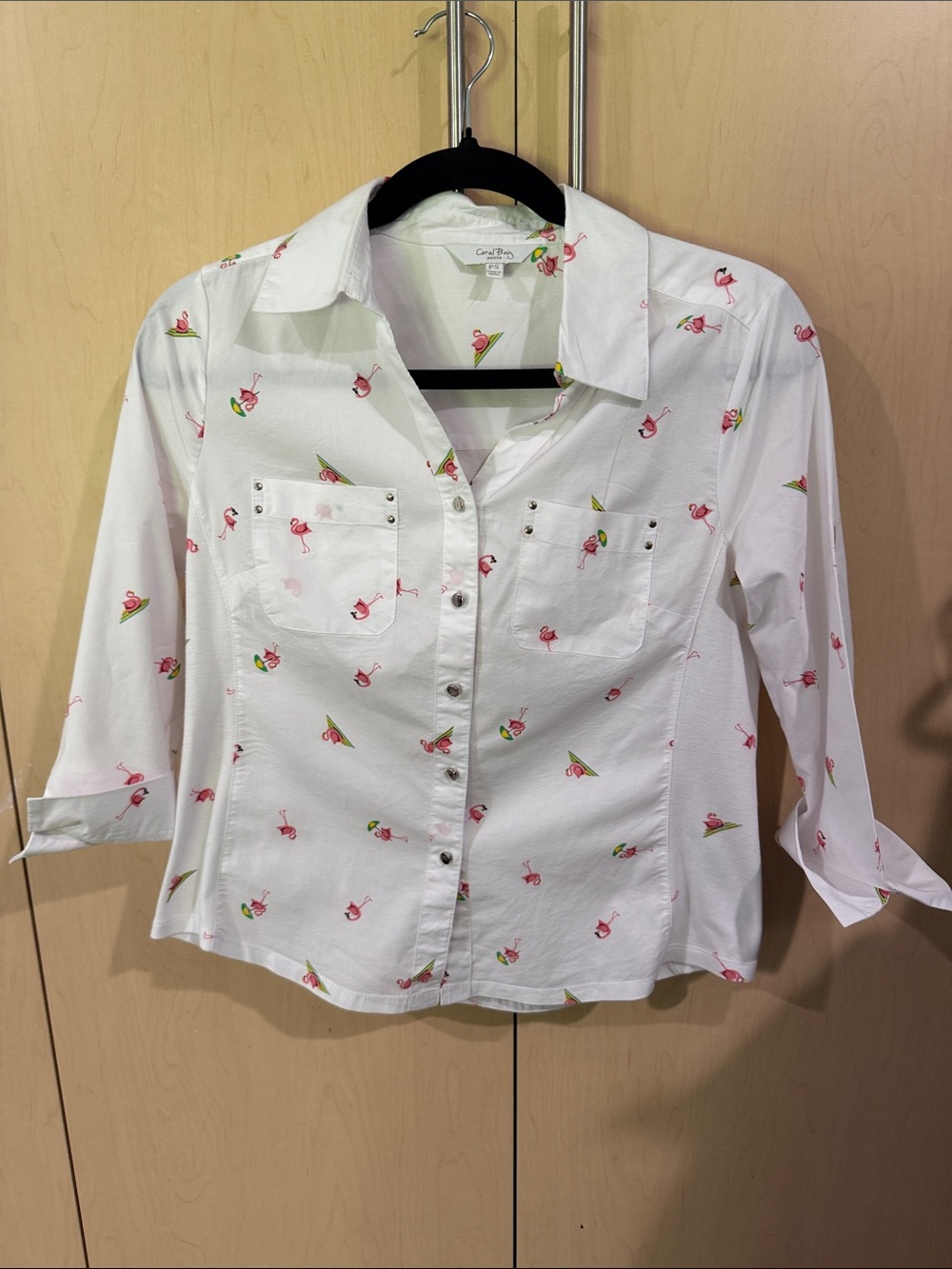 Coral Bay White Button-Down Shirt with beautiful Pink Flamingo Motif